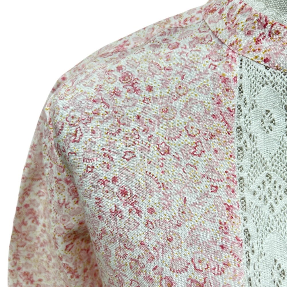 Nwot Asha plage pale Pink Floral Long Sleeve mini Dress Lace Trim linen medium - Picture 5 of 8